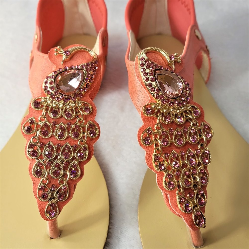 Coral Pink Summer Sandals Rhinestone Peacock Bird Thong Strap - Picture 3 of 9